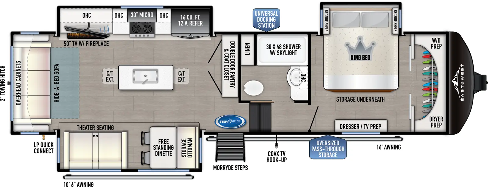 The 320RL has 3 slideouts and one entry. Exterior features an oversized pass through storage, universal docking station, MORryde steps, coax TV hookup, 10 foot 6 inch awning and 16 foot awning, LP quick connect, and 2 inch towing hitch. Interior layout front to back: front closet with washer/dryer prep, off-door side king bed slideout with storage underneath, and door side dresser with TV prep; off-door side full bathroom with overhead cabinet, linen closet, and shower with skylight; steps down to main living area and entry; double door pantry and coat closet along inner wall; off-door side slideout with 12V refrigerator, overhead cabinet, microwave, cooktop, and TV with fireplace; kitchen island with sink and extensions; door side slideout with free-standing dinette with storage ottoman, and theater seating; rear hide-a-bed sofa and overhead cabinet.